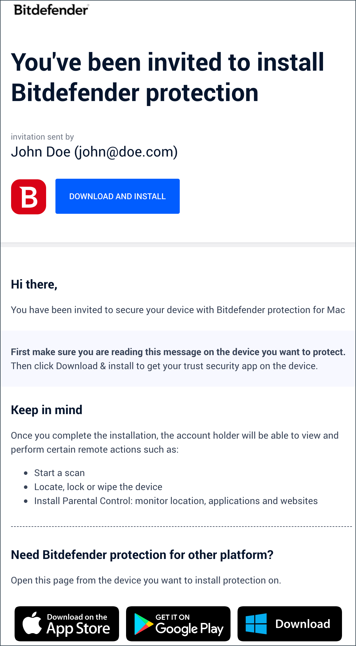 Uitnodiging per e-mail om Bitdefender op een ander apparaat te installeren