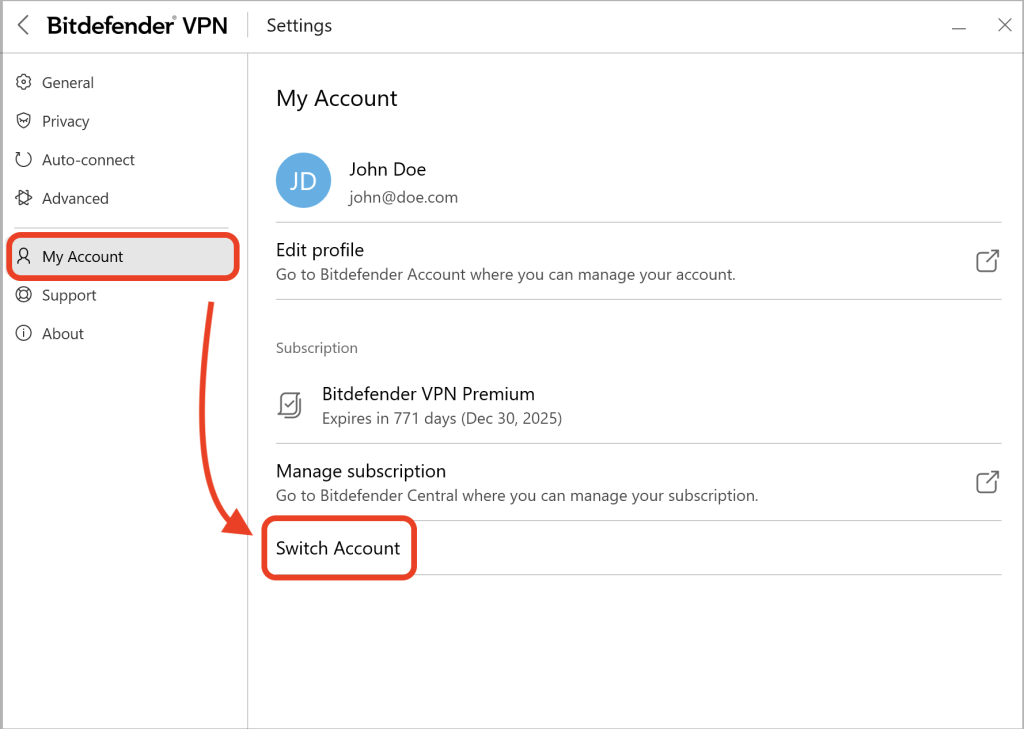 Switch Account - Bitdefender VPN