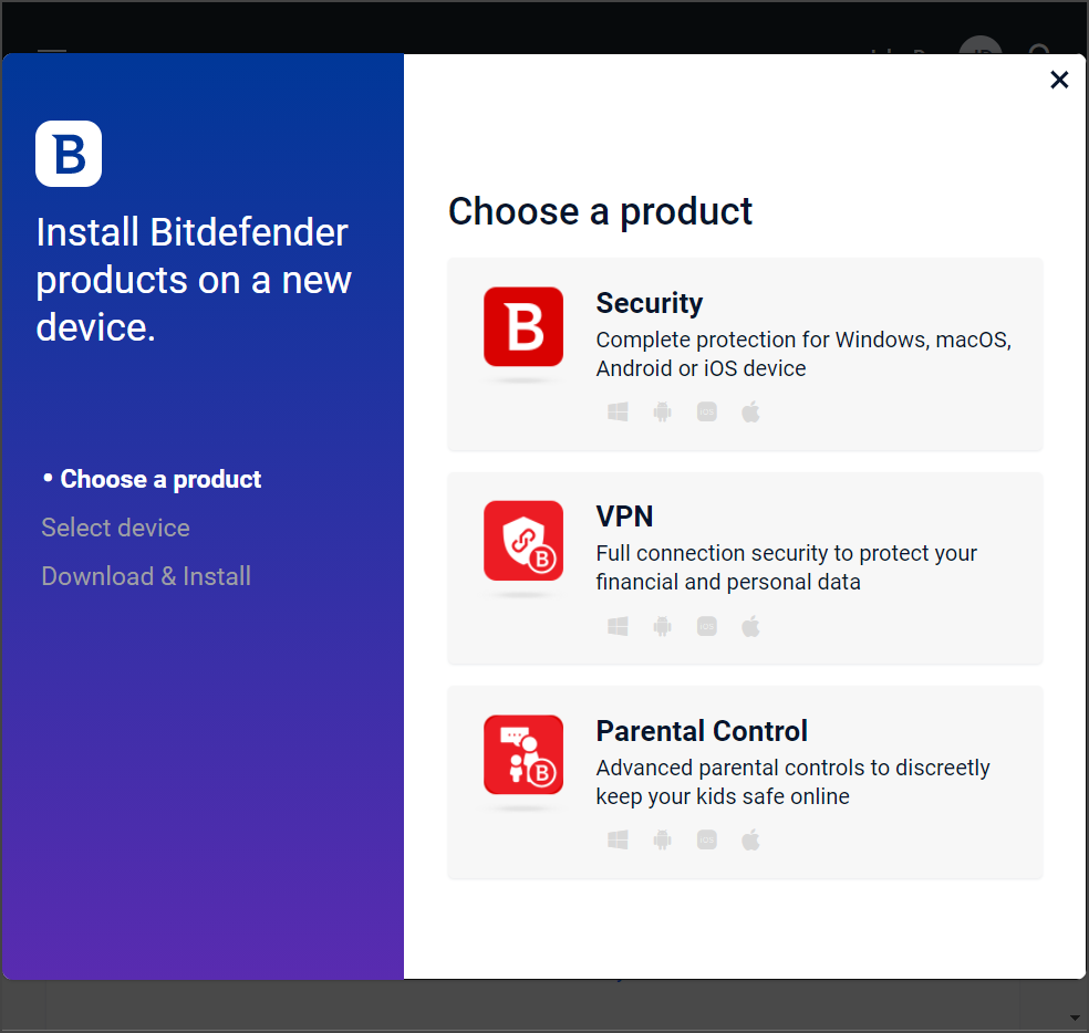 Kies ten slotte het Bitdefender-product dat u op uw apparaat wilt installeren.