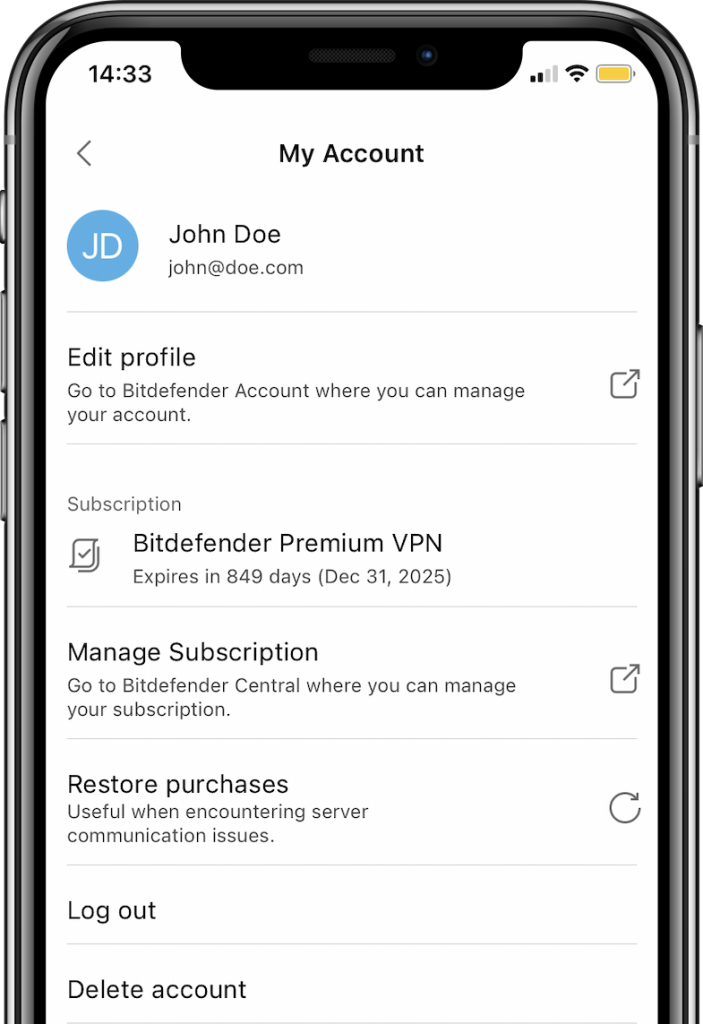 Bitdefender VPN voor iOS - Account
