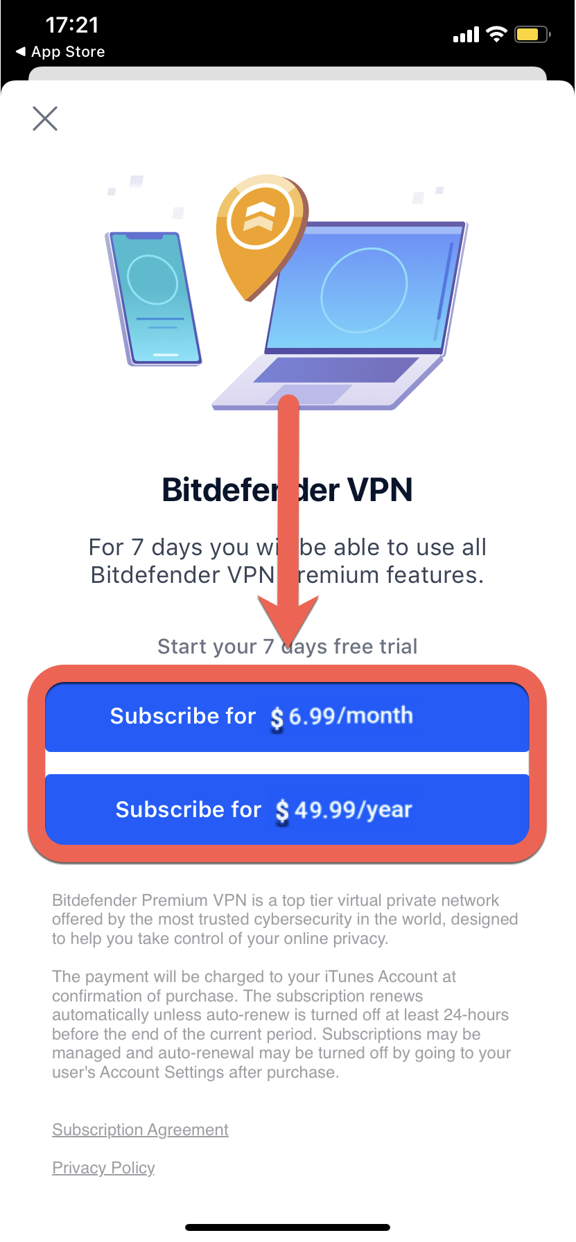 Abonnementen voor Bitdefender Premium VPN op iOS