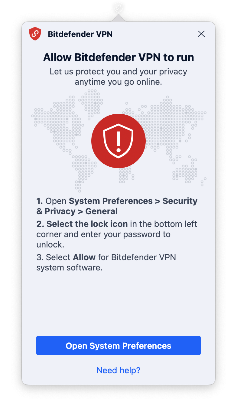 Bitdefender VPN voor Mac - Systeemvoorkeuren openen