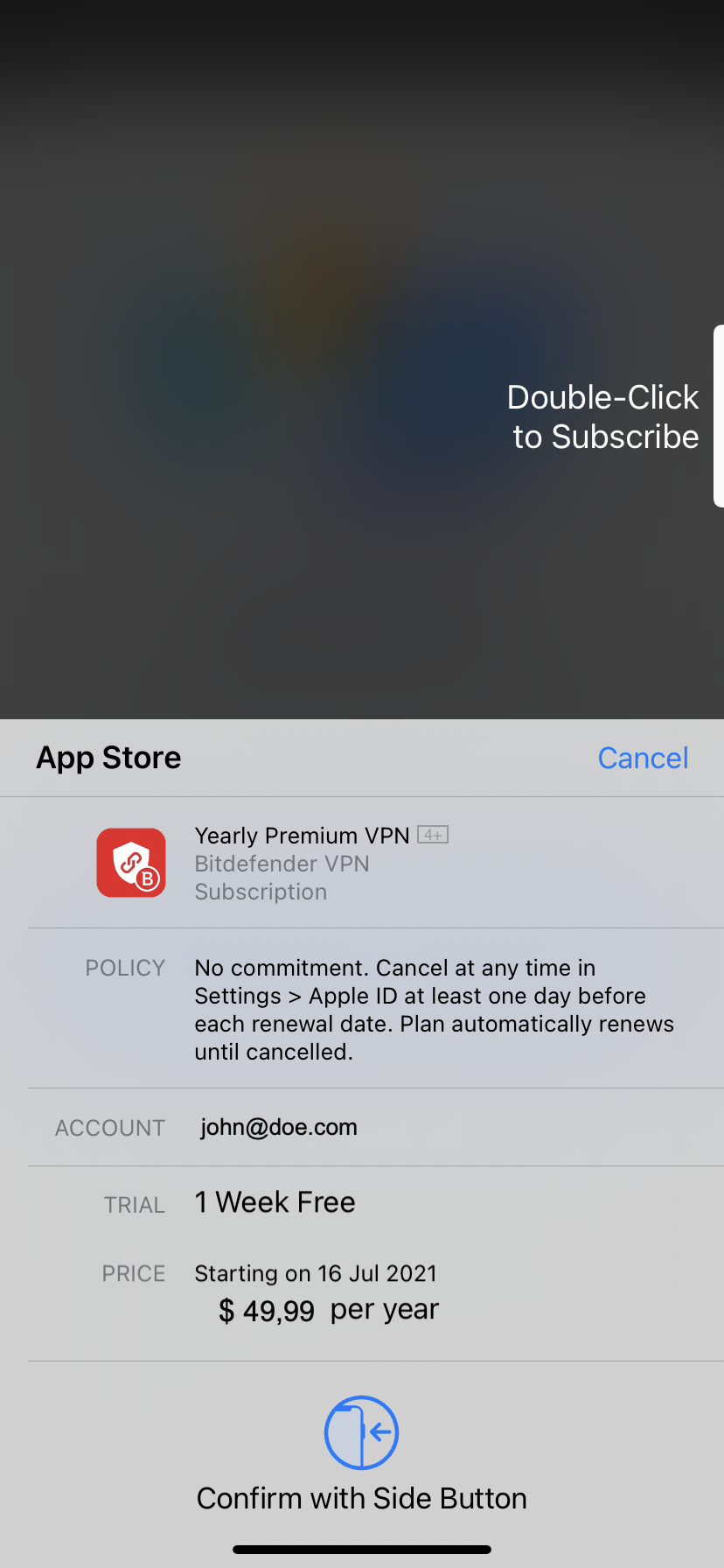 Betalen voor Bitdefender Premium VPN op iOS