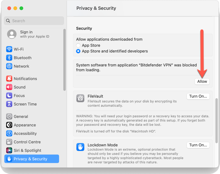 Bitdefender VPN voor Mac - Toestaan