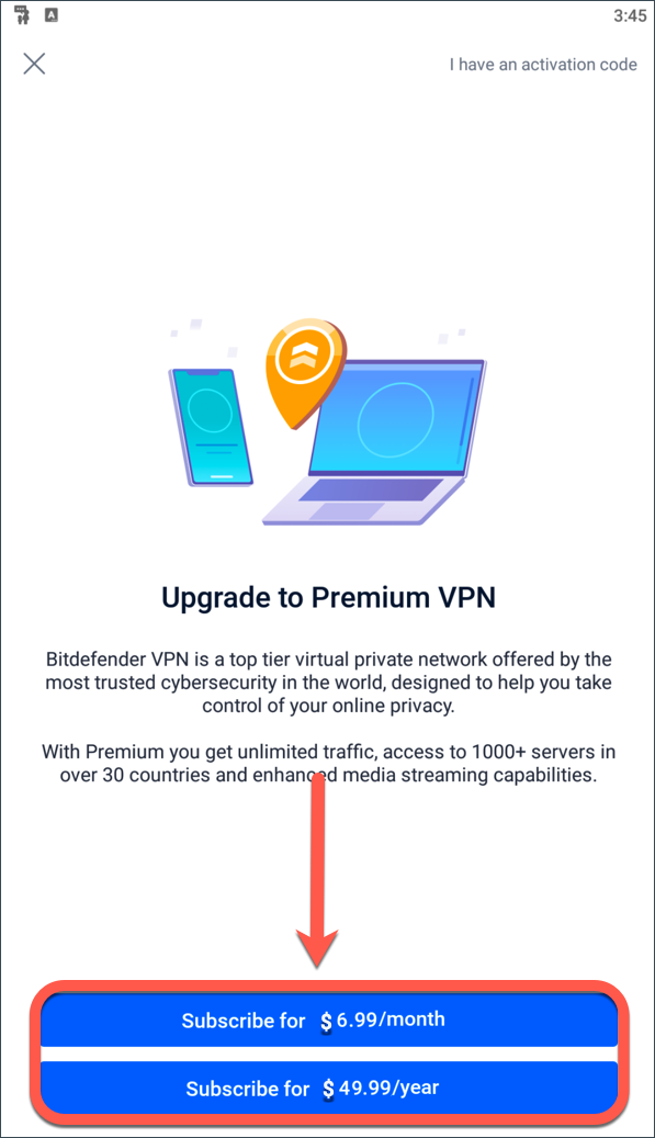 Een abonnement kiezen - Bitdefender Premium VPN op Android