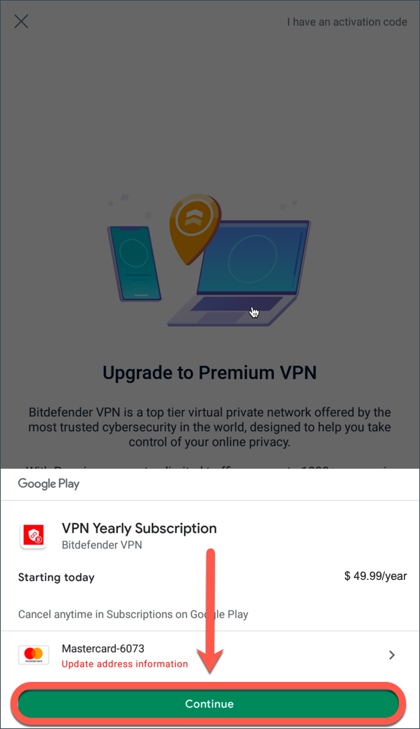 Upgraden naar Bitdefender Premium VPN op Android - knop Doorgaan