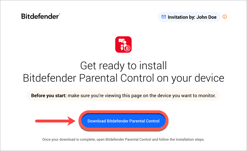 Invitation to install Bitdefender Parental Control on Windows