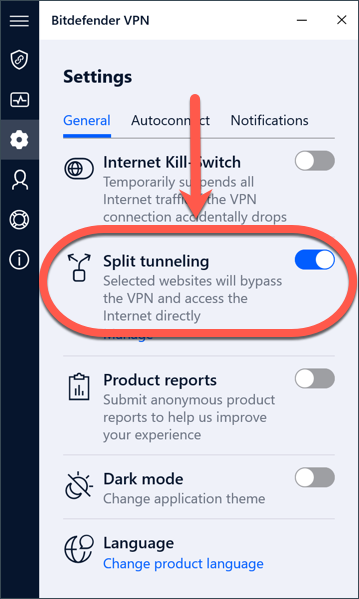 Gebruik Split tunneling als u geen toegang kunt krijgen tot een website wanneer Bitdefender VPN actief is op Windows.