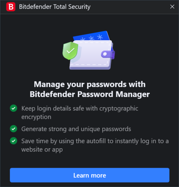 pop-up Beheer uw wachtwoorden met Bitdefender Password Manager